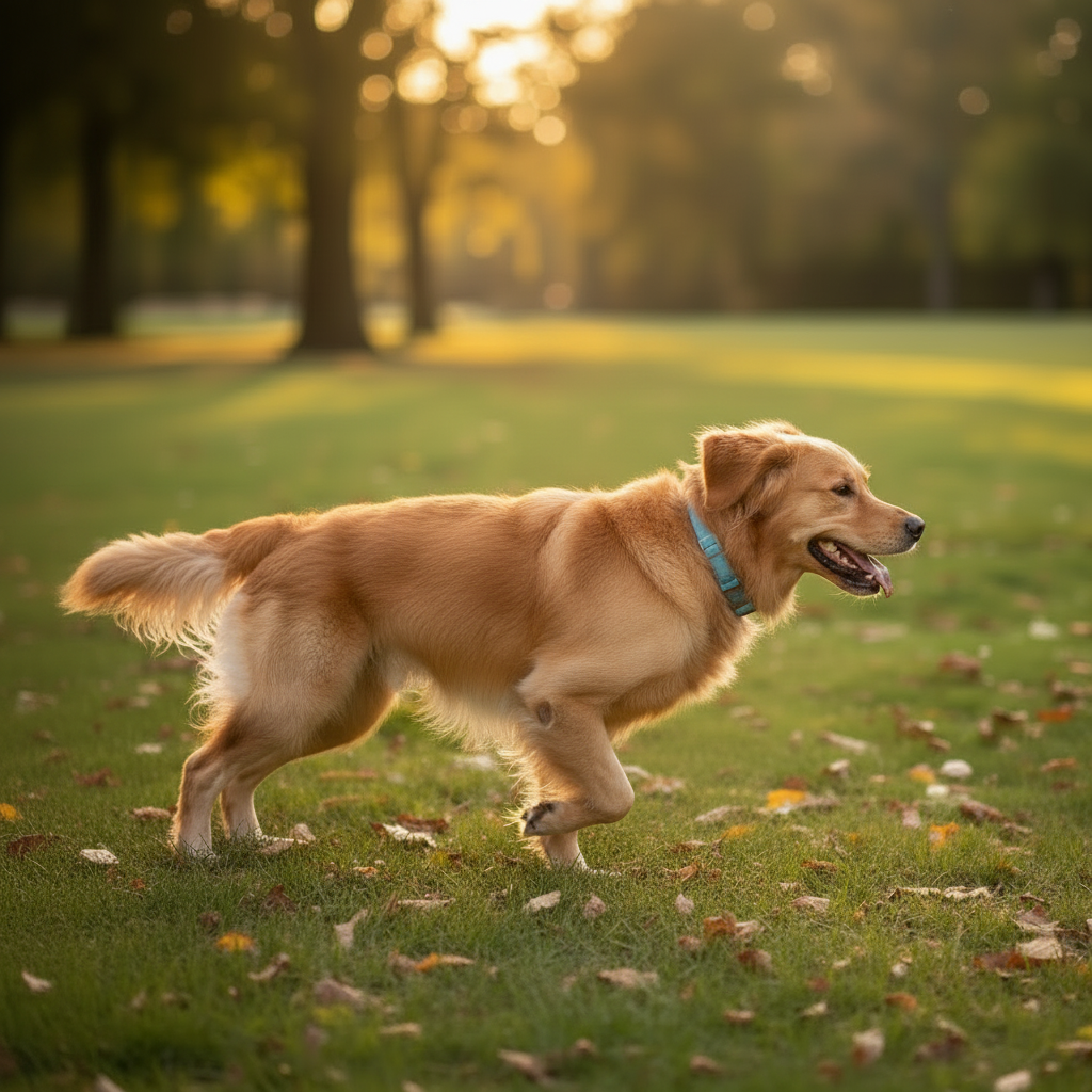 Pastel blue dog collar on a standing golden dog, showing metal D-ring