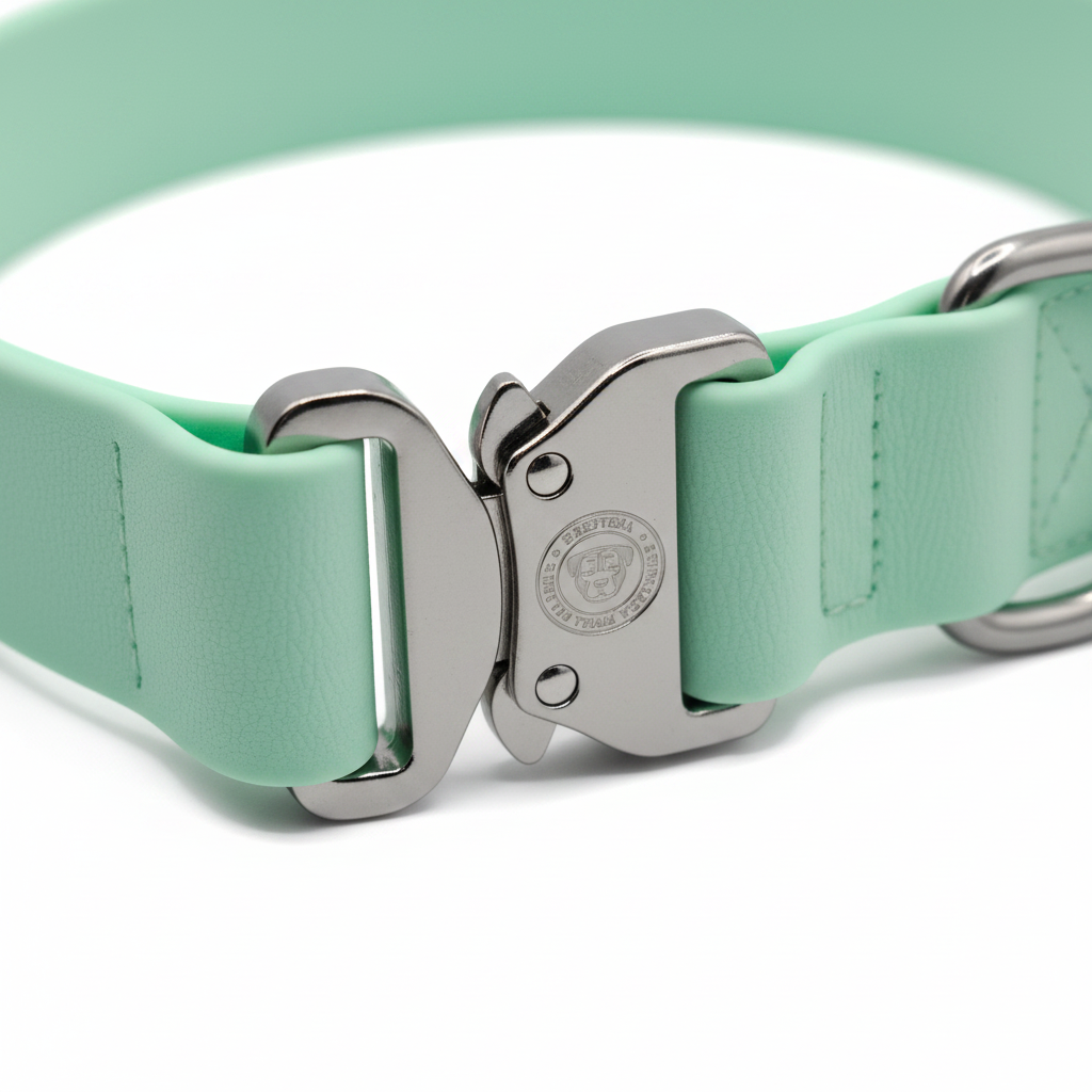 Pastel green waterproof PVC dog collar close-up with silver buckle and D-ring