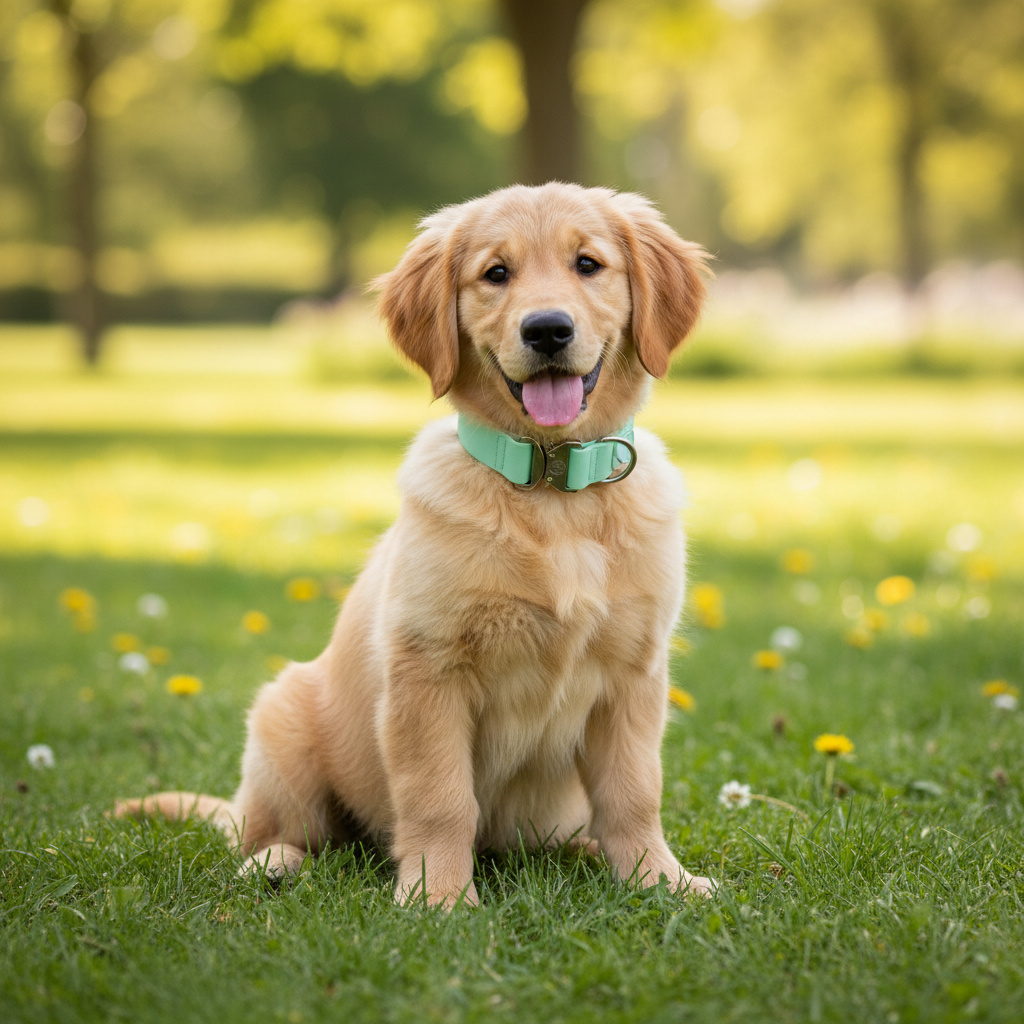 Golden retriever wearing a pastel green waterproof PVC dog collar with metal buckle