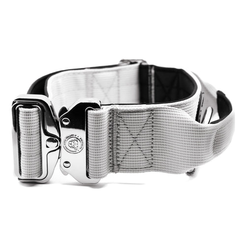 Dog tactical collar with handle, misty grey woven strap and metal buckle