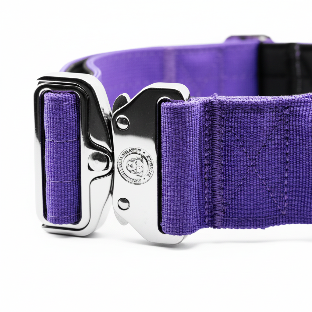 Lavender purple dog collar with handle, chrome buckle and riveted webbing