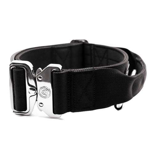 Midnight black tactical dog collar with handle and metal buckle detail