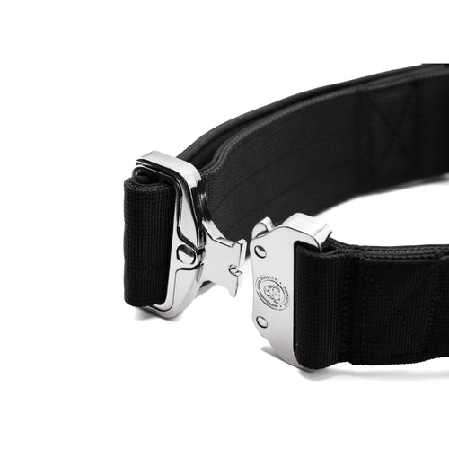 Midnight black tactical dog collar with metal buckle and adjustment strap