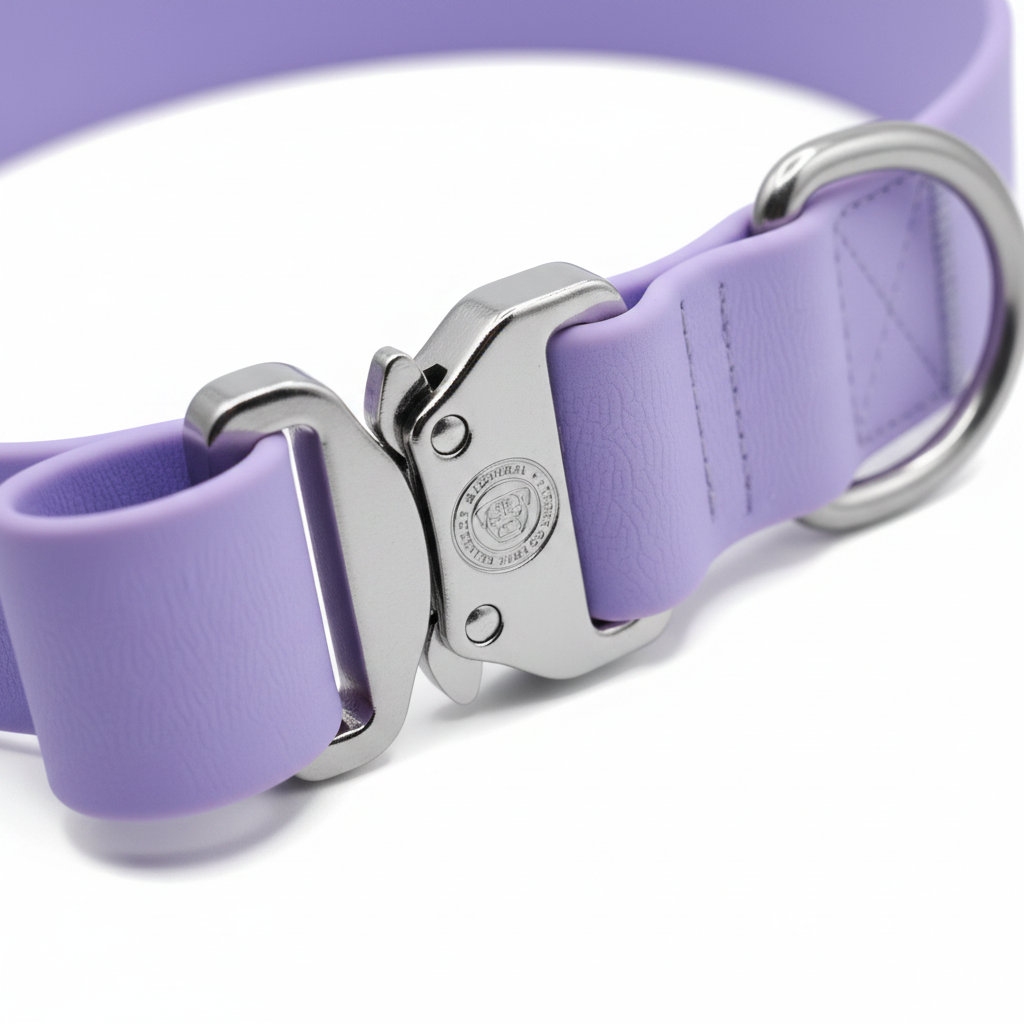 Lavender PVC dog collar with chrome buckle and metal leash ring
