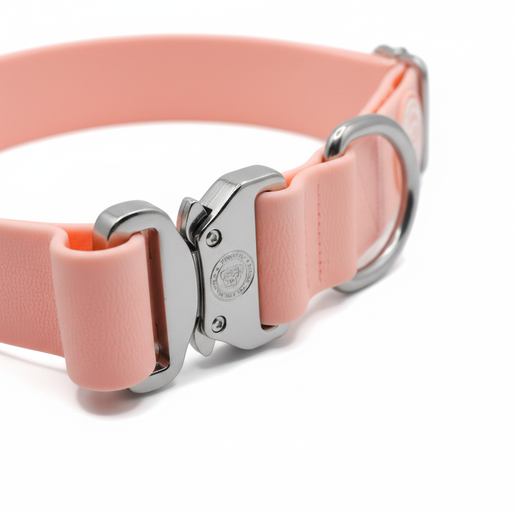 Pastel pink dog collar end with metal buckle and circular D-ring