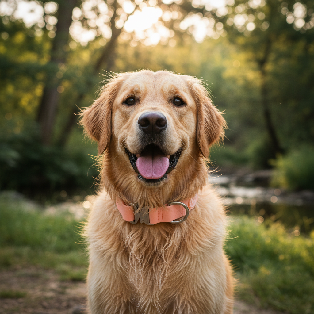 Golden dog wearing a pastel pink dog collar with metal D-ring