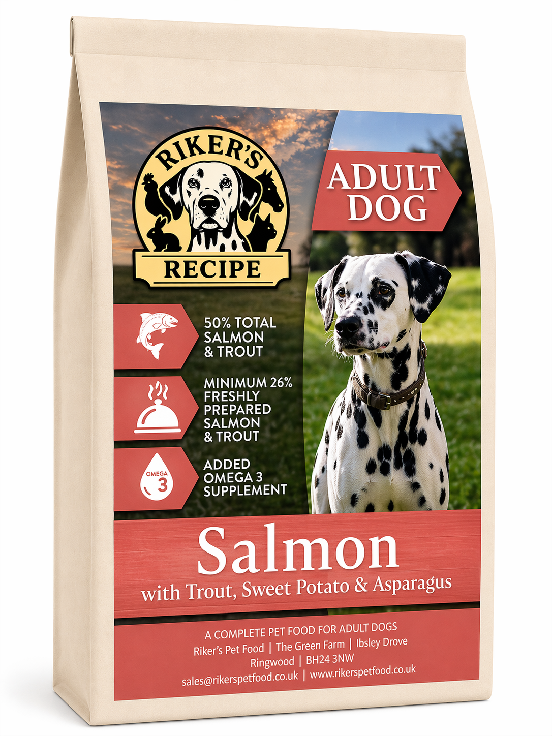 Riker's Recipe Salmon & Trout with Sweet Potato & Asparagus | Adult Dog Food | 12kg
