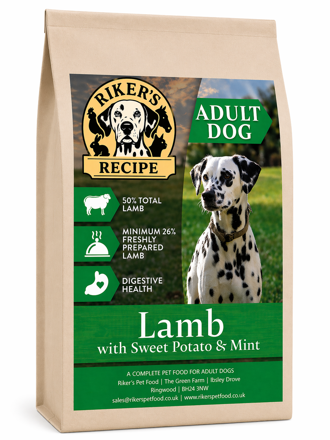 Riker's Recipe Lamb & Sweet Potato with Mint | 50% Lamb Complete Adult Dog Food | 12kg