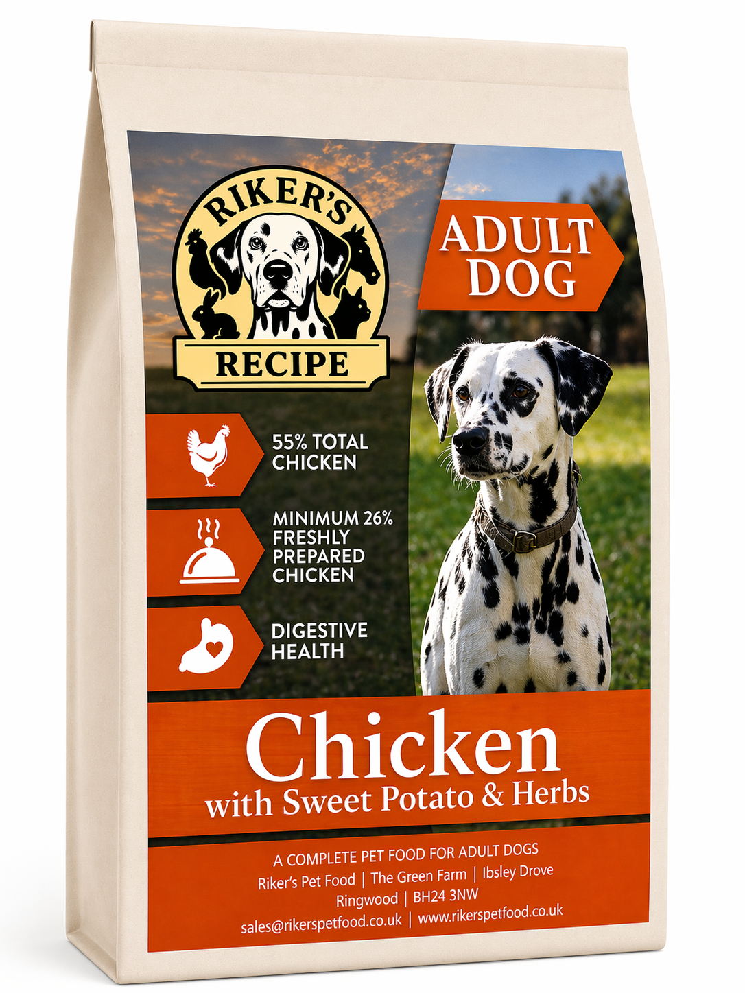 Riker's Recipe Chicken & Sweet Potato with Herbs | 55% Chicken Complete Adult Dog Food | 12kg