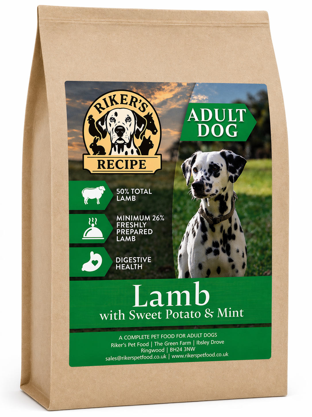 Riker's Recipe Lamb & Sweet Potato with Mint | 50% Lamb Complete Adult Dog Food | 2kg