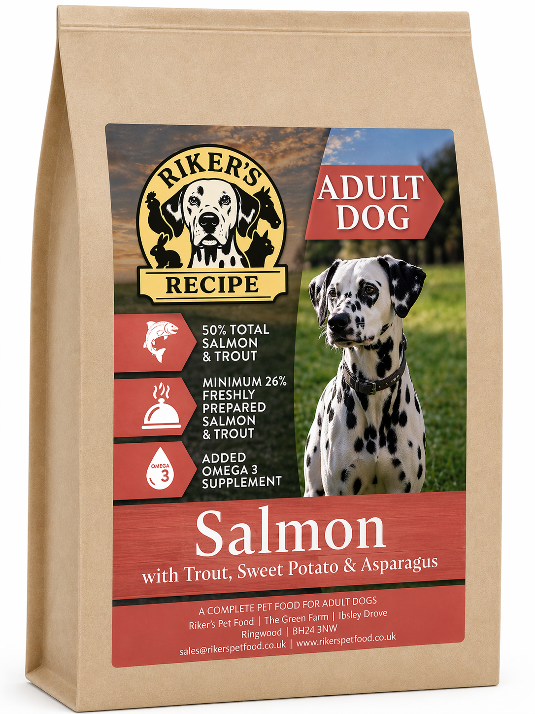 Riker's Recipe Salmon & Trout with Sweet Potato & Asparagus | Adult Dog Food | 2kg
