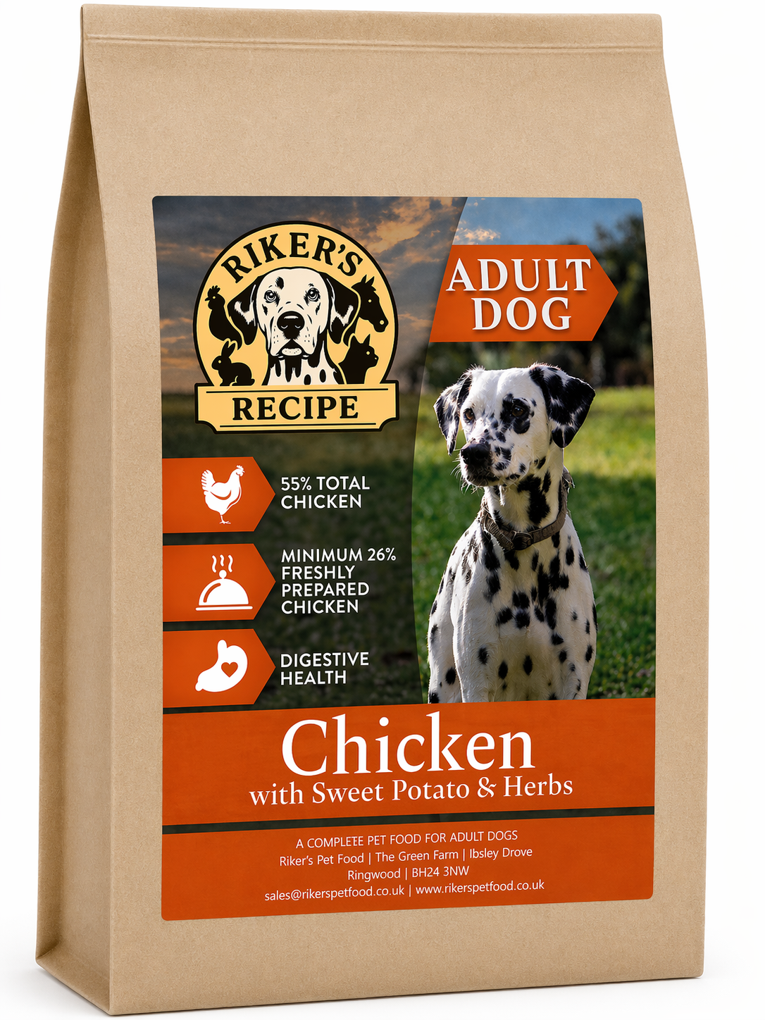 Riker's Recipe Chicken & Sweet Potato with Herbs | 55% Chicken Complete Adult Dog Food | 2kg
