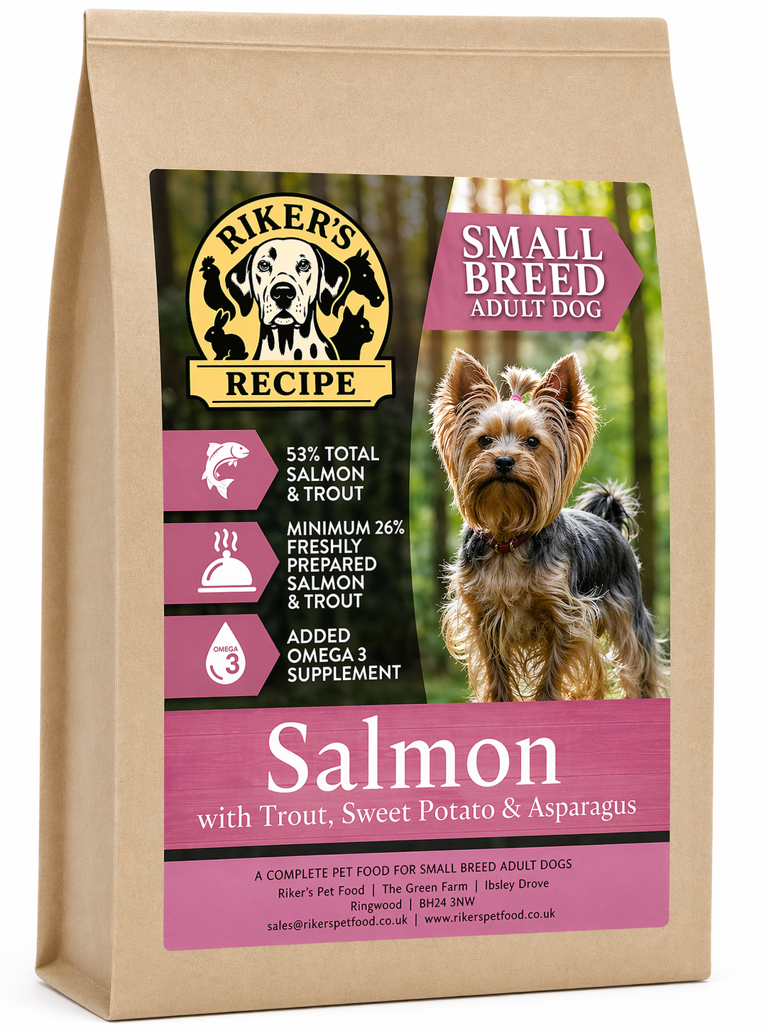 Riker's Recipe Salmon & Trout with Sweet Potato & Asparagus | 50% Fish Small Breed Dog Food | 2kg