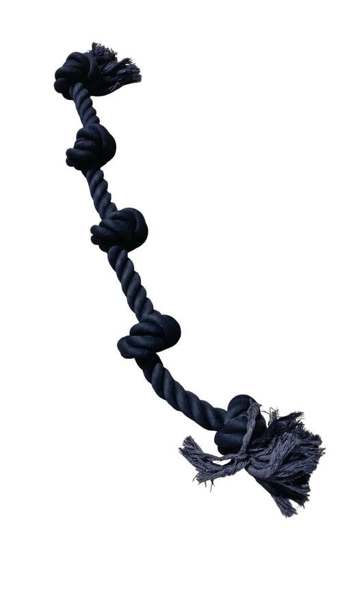 Dark cotton rope tug toy with five knots and tassel ends