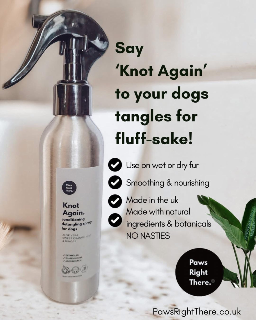 Dog detangling spray bottle with front label and icons; 150 ml.