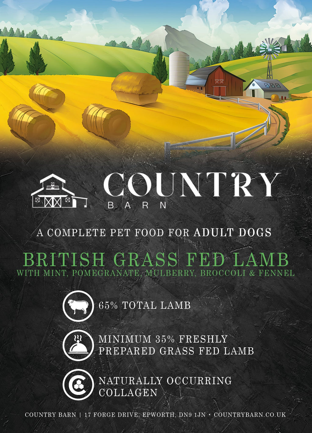 Country Barn Superfood British Grass-Fed Lamb with Mint, Pomegranate, Mulberry, Broccoli & Fennel | Grain-Free Adult Dog Food