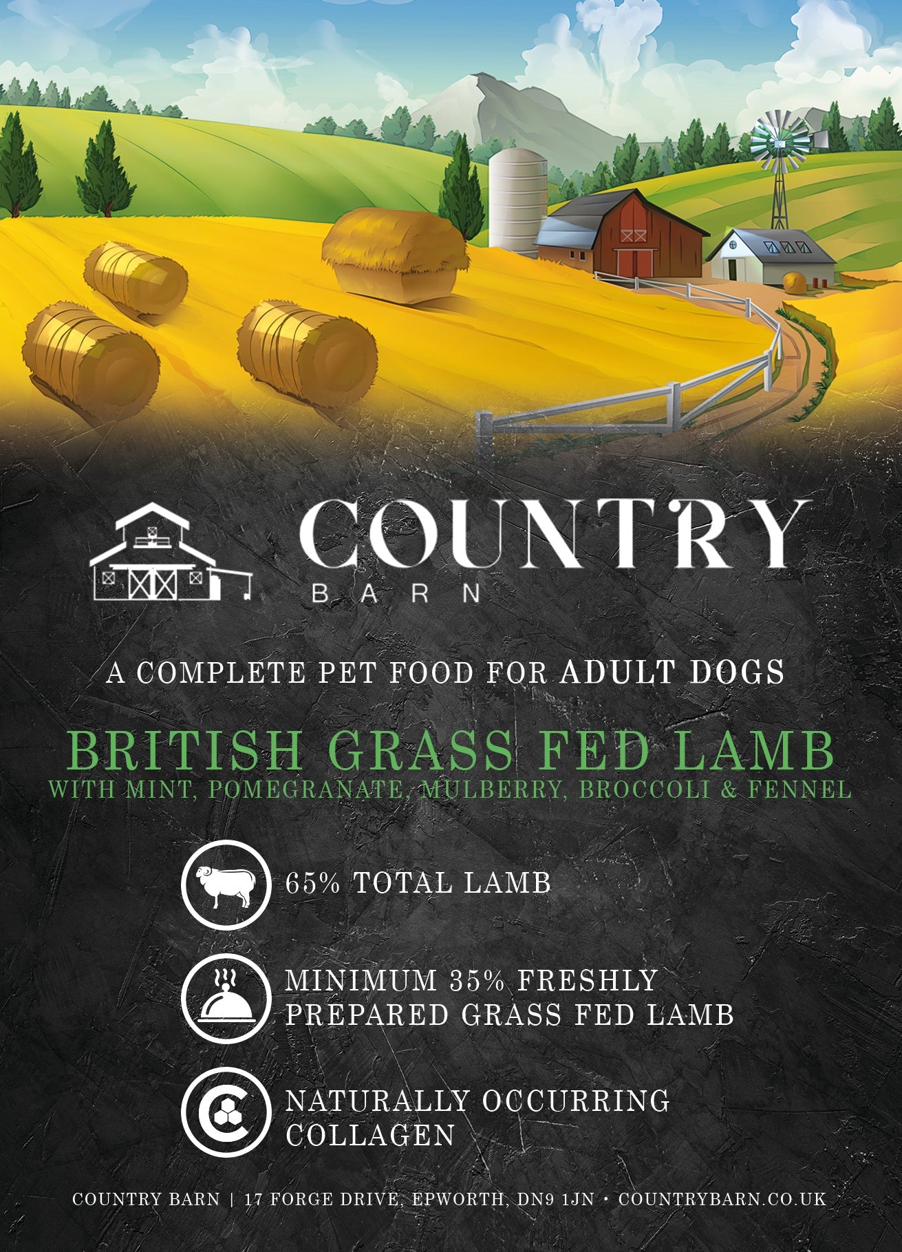 Country Barn Superfood British Grass-Fed Lamb with Mint, Pomegranate, Mulberry, Broccoli & Fennel | Grain-Free Adult Dog Food