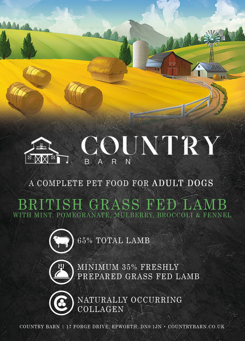 Country Barn dog food bag featuring British grass fed lamb