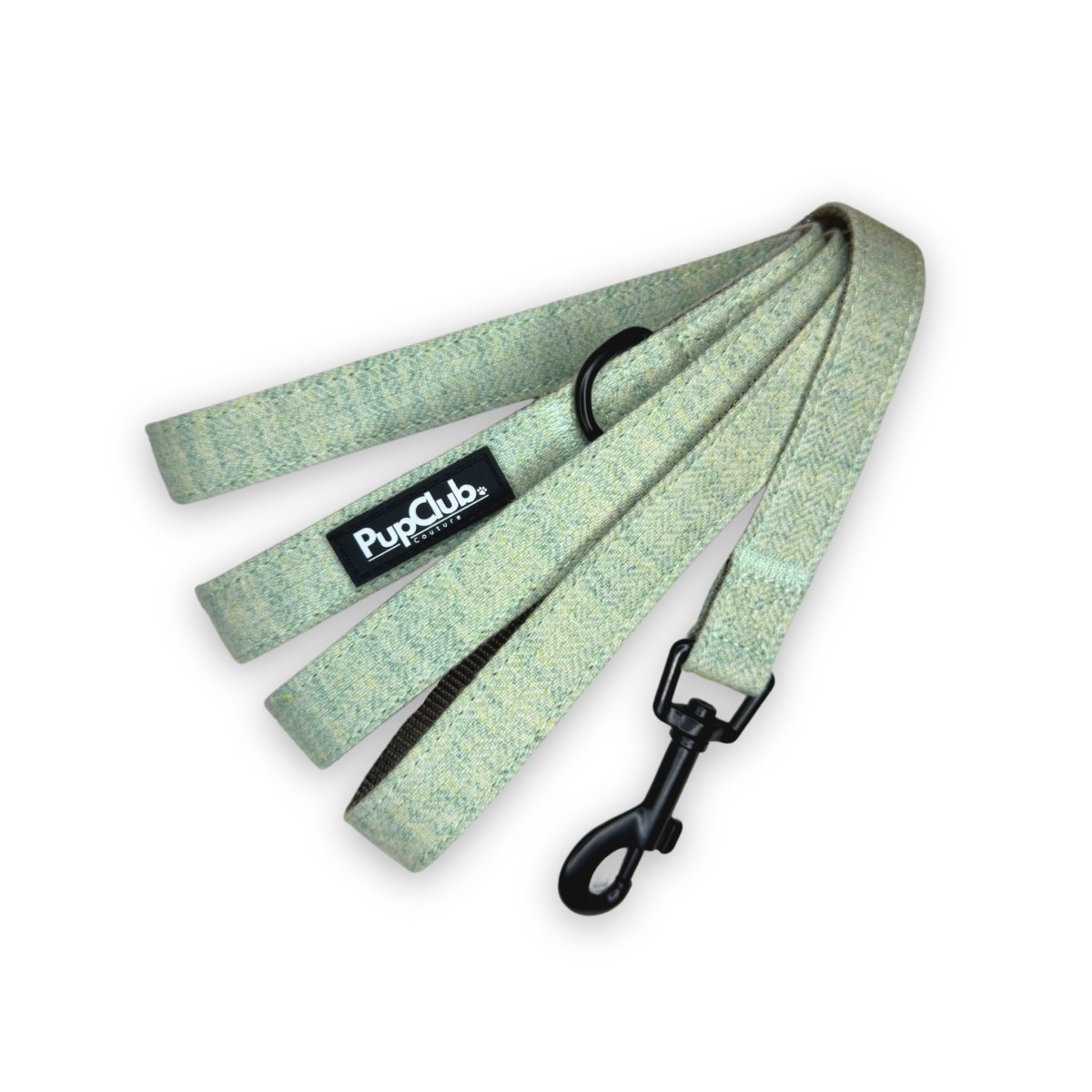 Sage green tweed pet lead with black clips and loop handle