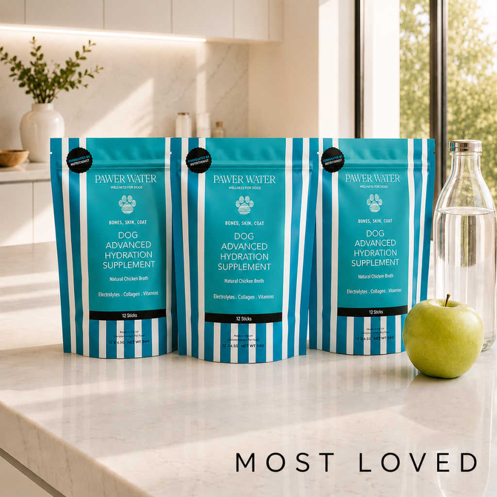 Dog hydration supplement pouches, teal blue, arranged in a row on a kitchen counter