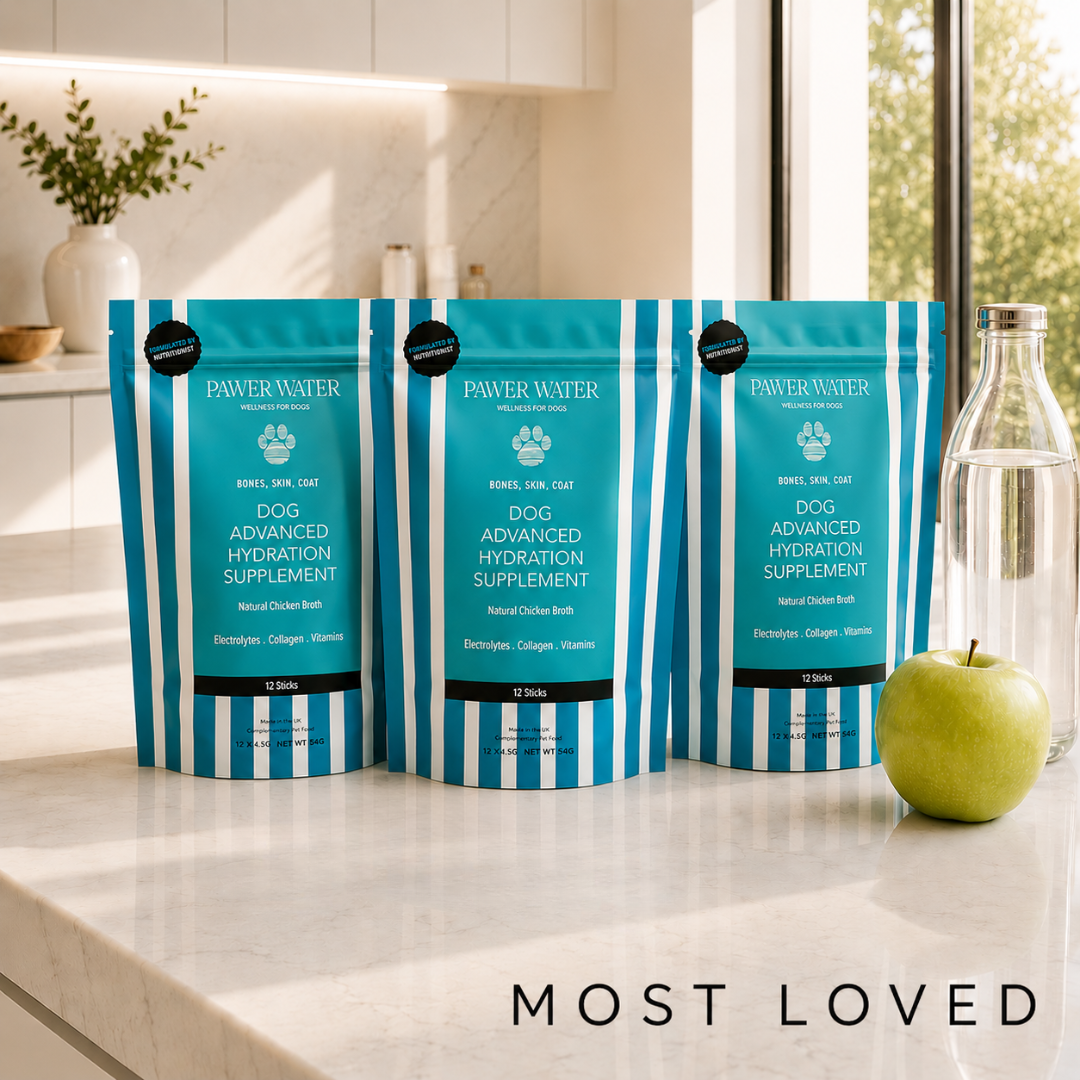 Dog hydration supplement pouches, teal blue, arranged in a row on a kitchen counter