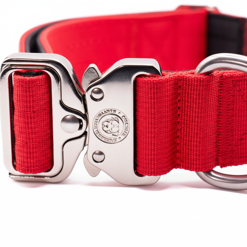 Red tactical dog collar buckle close-up with silver clips and D-ring