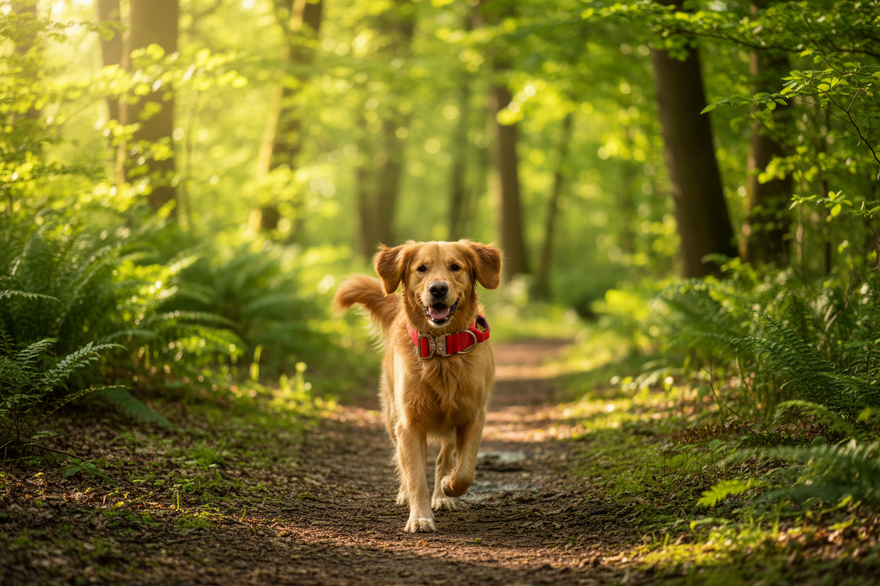 Red tactical dog collar with handle, worn on a golden retriever