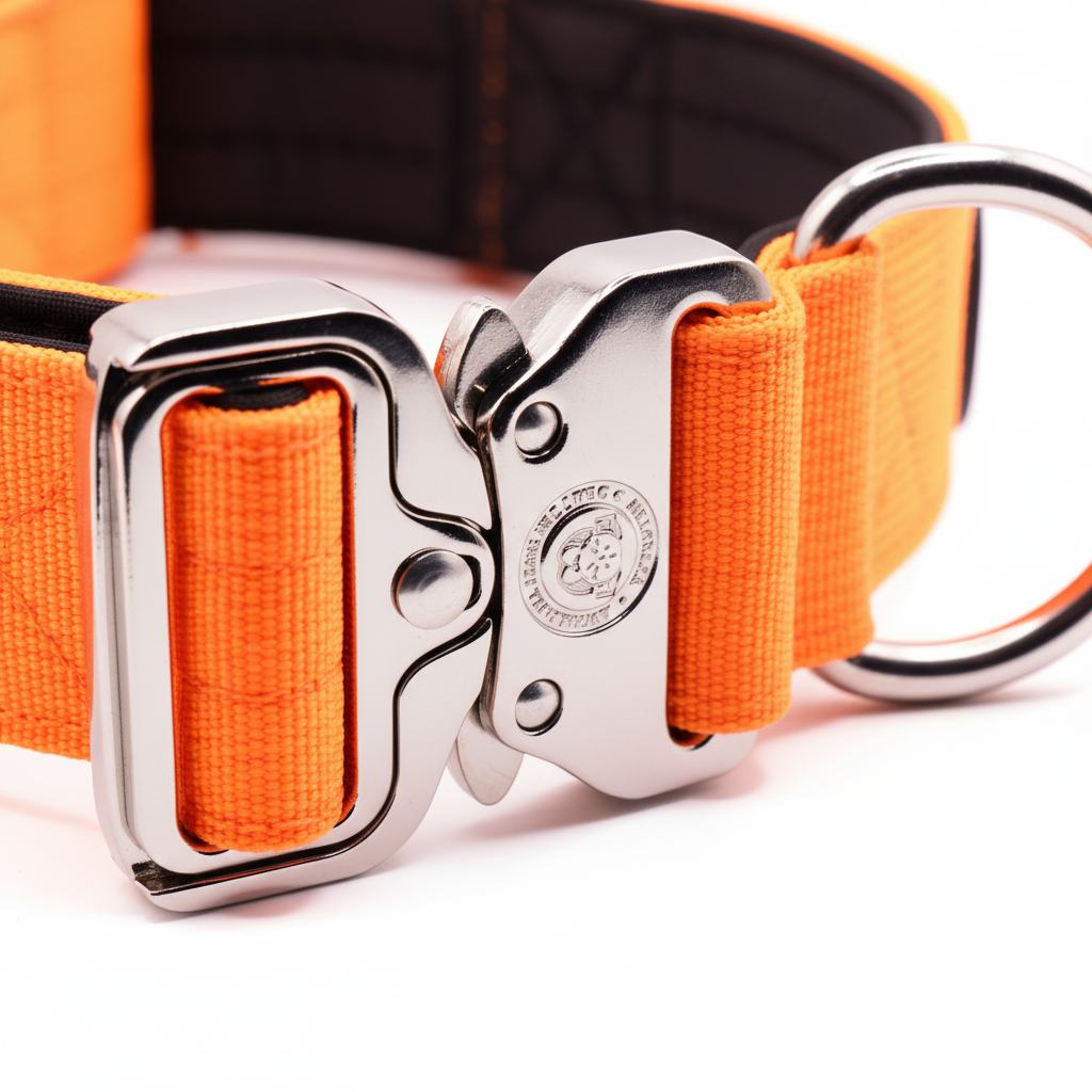 Orange tactical dog collar with handle, silver buckle and metal D-ring
