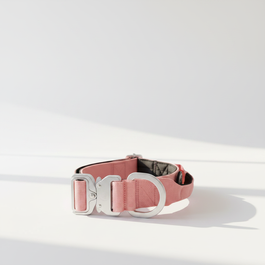 Pink tactical dog collar with handle, silver hardware and adjustable strap