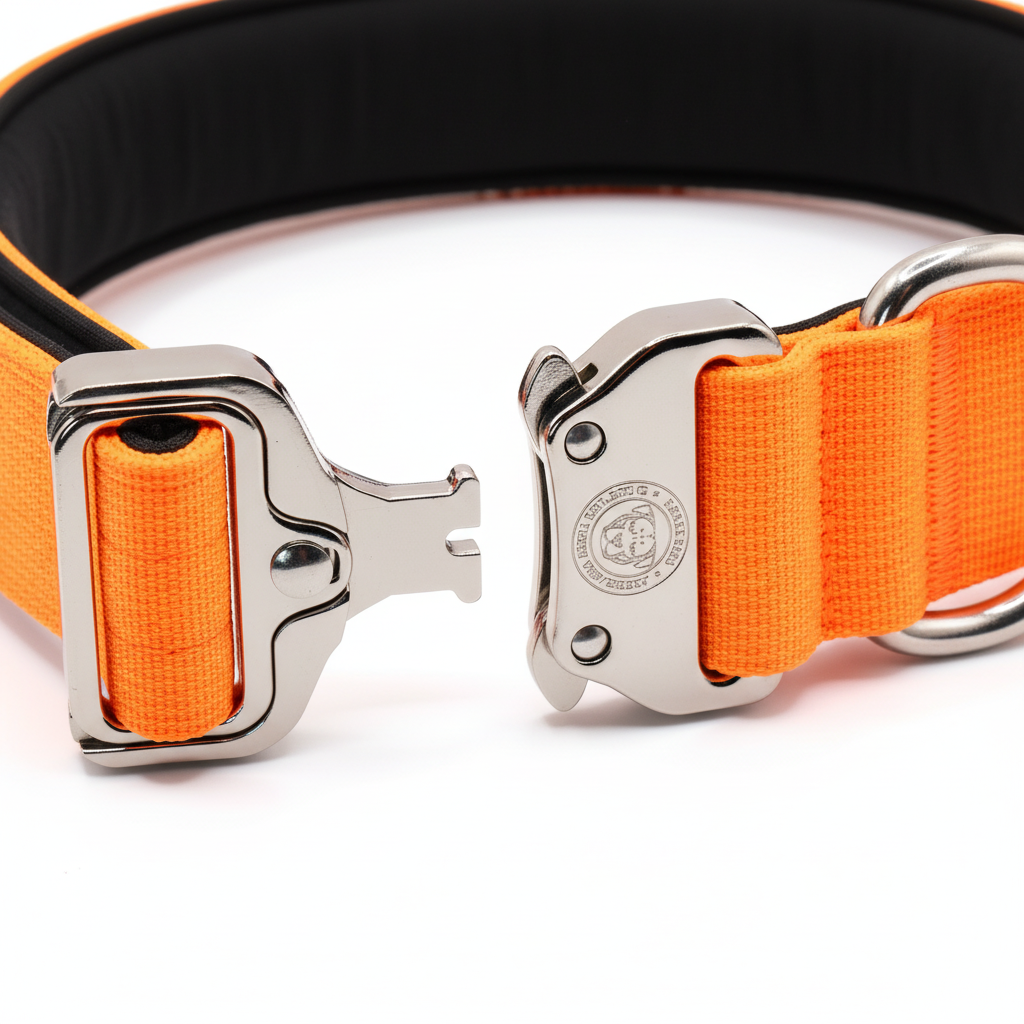 Orange dog collar with handle, metal buckle clasp and round emblem plate