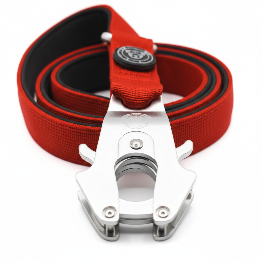 Coiled citrus red nylon dog lead with padded handle and metal frog clip