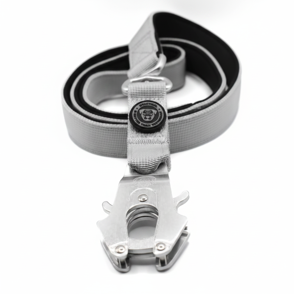 Dog lead with frog clip and padded handle, misty grey strap with black backing