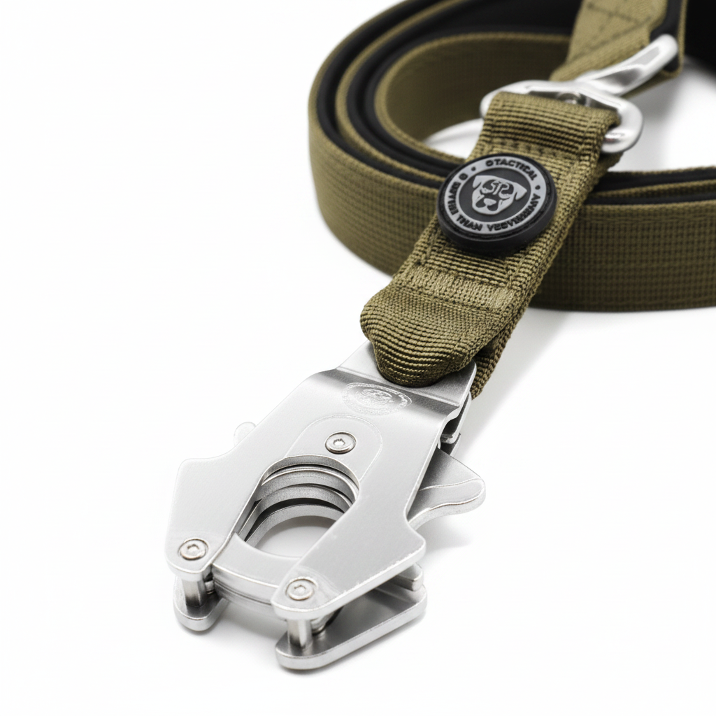 Khaki nylon dog lead with padded handle, metal frog clip and D-ring