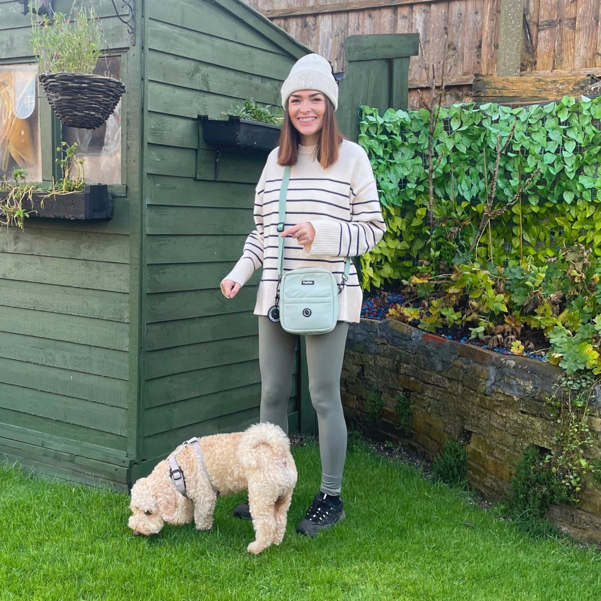Mini dog walking bag, sage green crossbody bag with strap and front pocket