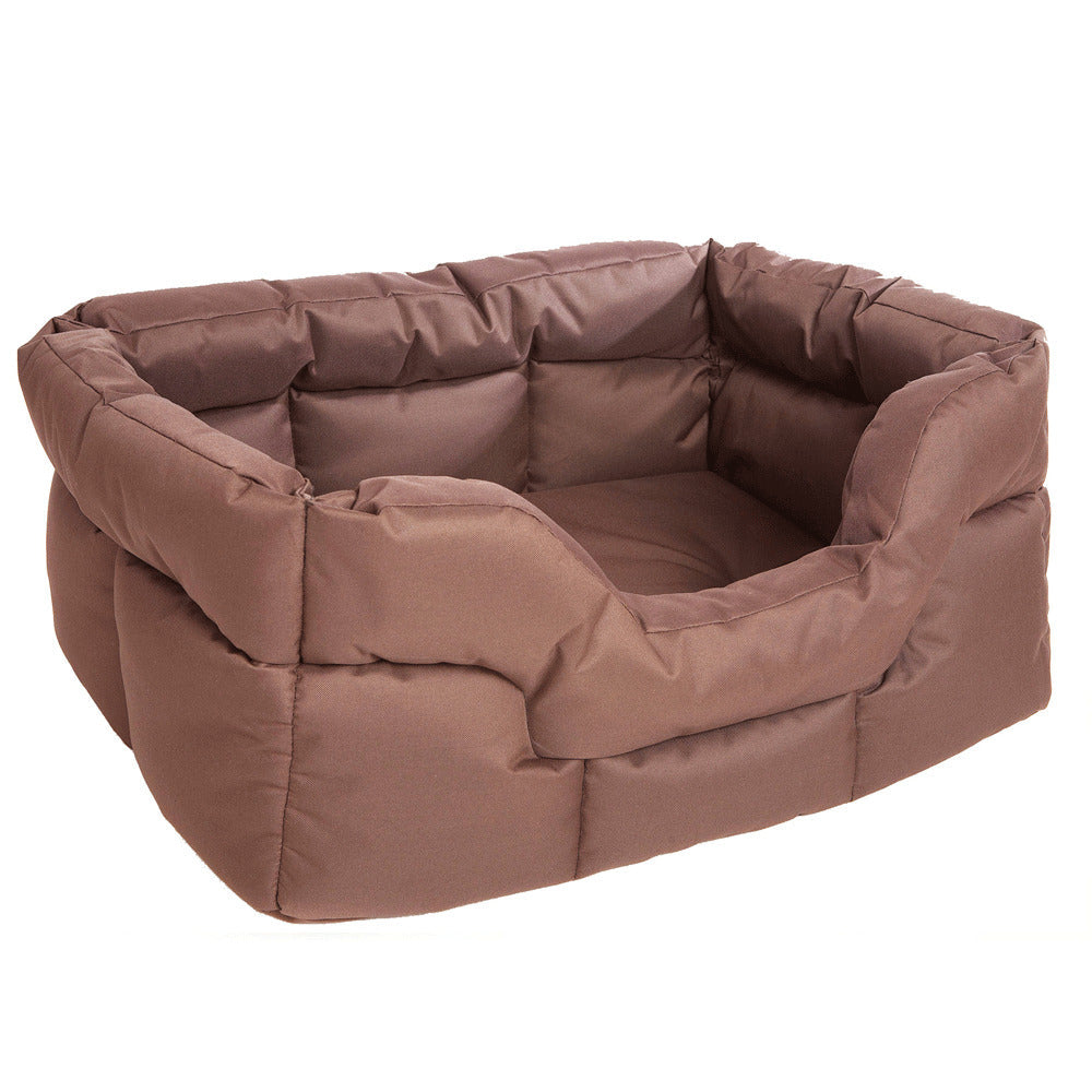Rectangular high-sided waterproof dog bed in dark brown with cushioned bolsters