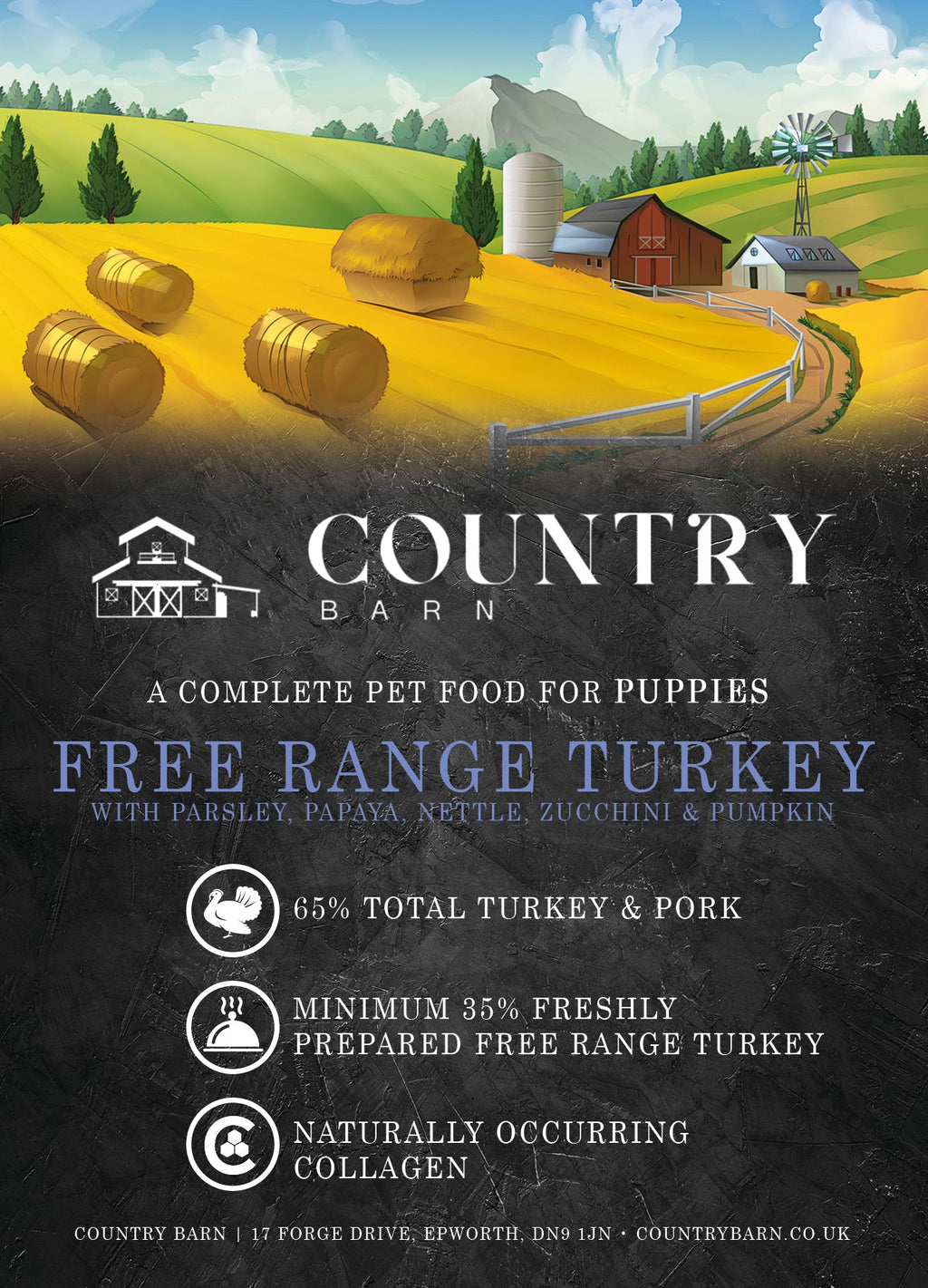 Country Barn Superfood Free-Range Turkey & Pork with Parsley, Papaya, Nettle, Zucchini & Pumpkin | Grain-Free Puppy Food