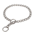 Stainless steel dog chain slip collar close-up with round ring and chain links