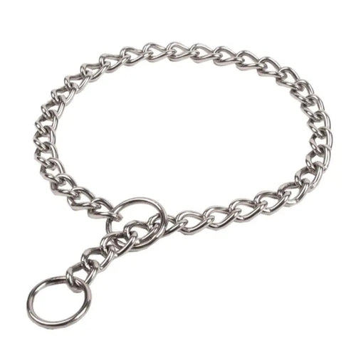 Stainless steel dog chain slip collar close-up with round ring and chain links