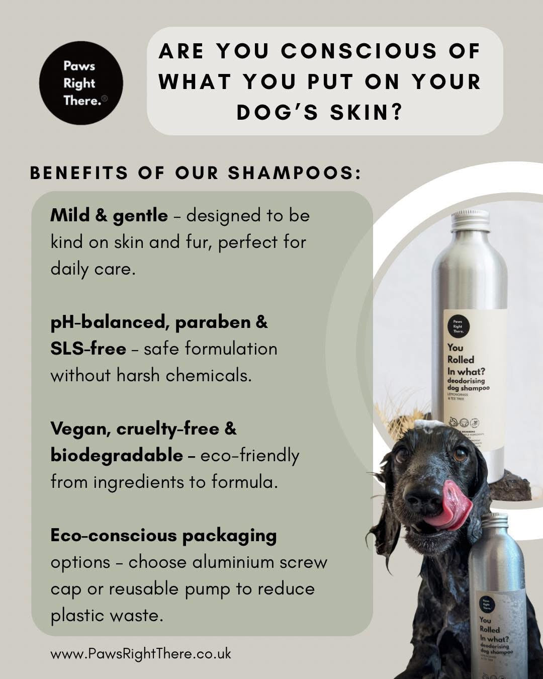 Dog shampoo bottle with pump shown beside a dog on benefits panel