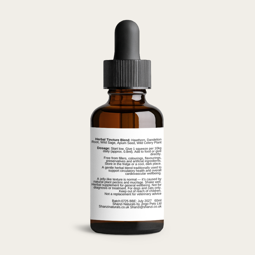 Herbal tincture bottle with dropper and black cap, amber glass, back info label
