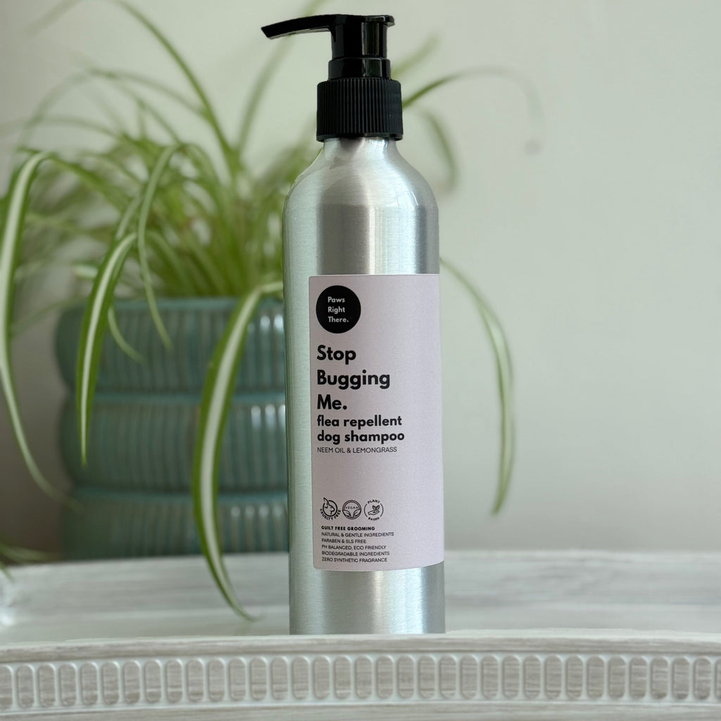 Silver dog shampoo bottle with black pump and labeled flea-repellent care