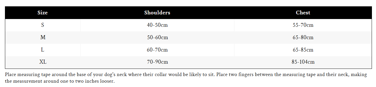Dog harness size chart with shoulder and chest measurements (S–XL)
