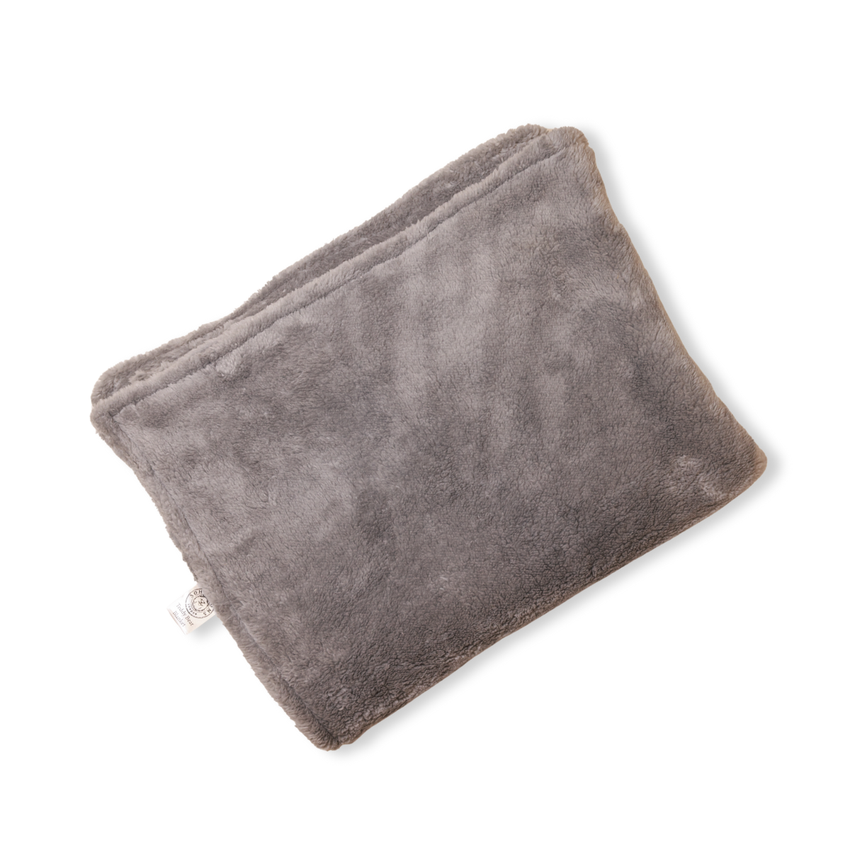 Grey plush dog blanket with stitched edges and soft fleece texture