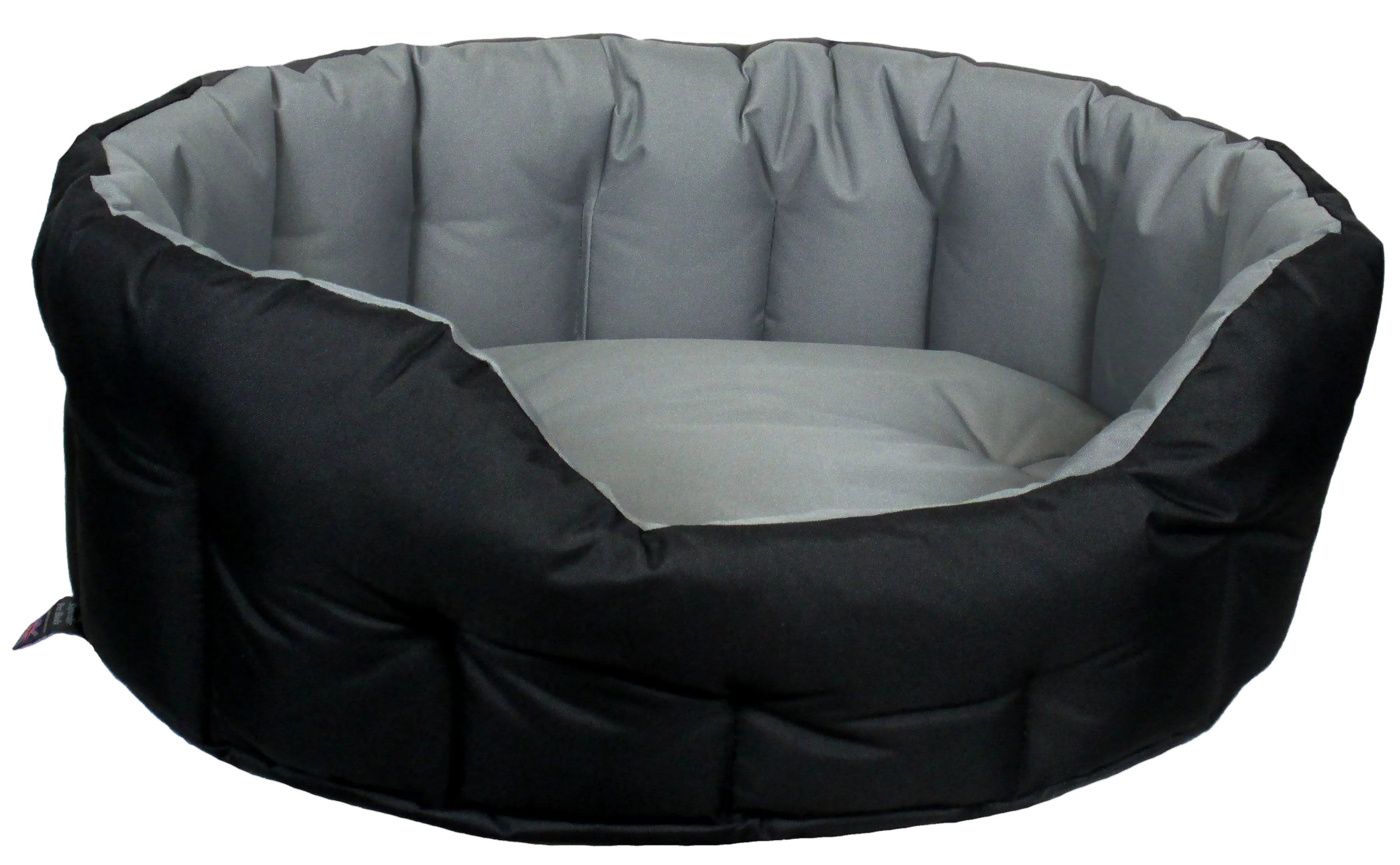Oval high-sided waterproof dog bed with black outer sides and light gray interior liner.