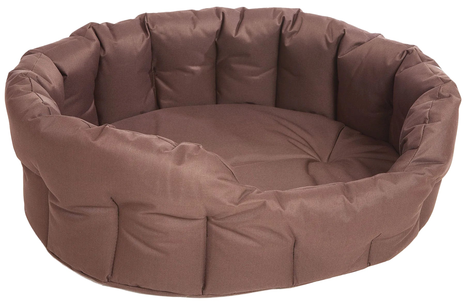 Oval high-sided waterproof dog bed in brown, quilted padded sides with bolstered rim.
