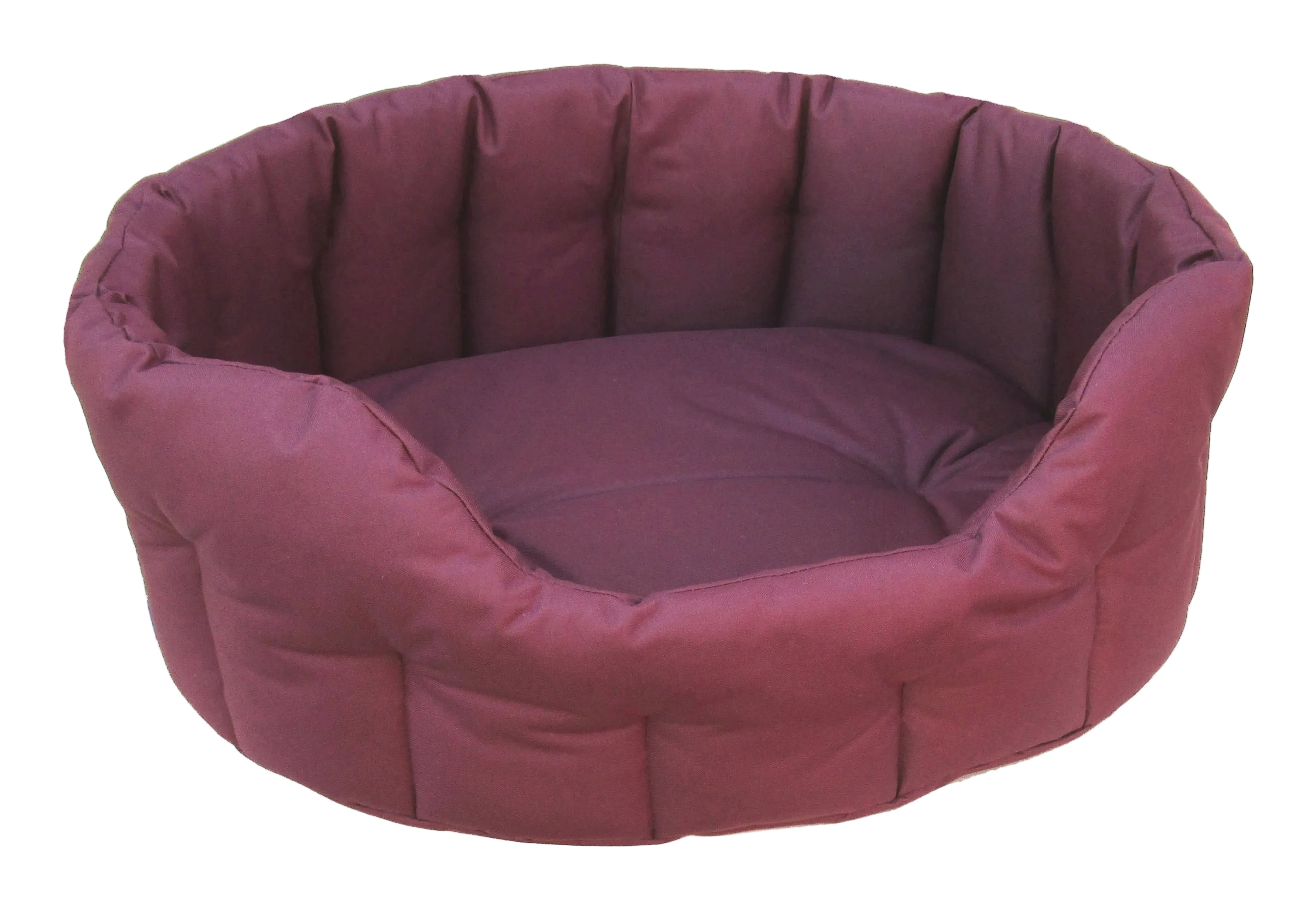 Oval high-sided waterproof dog bed in burgundy, quilted padded sides with bolstered rim.