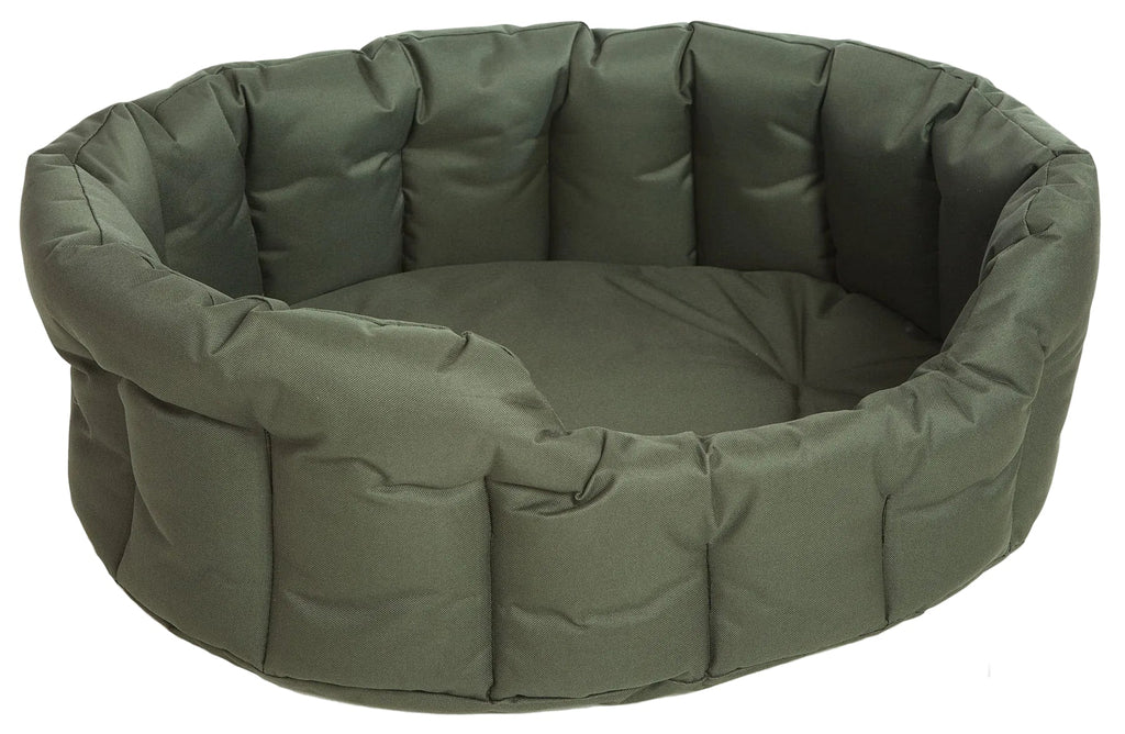 Oval high-sided waterproof dog bed in green, quilted padded sides with bolstered rim.