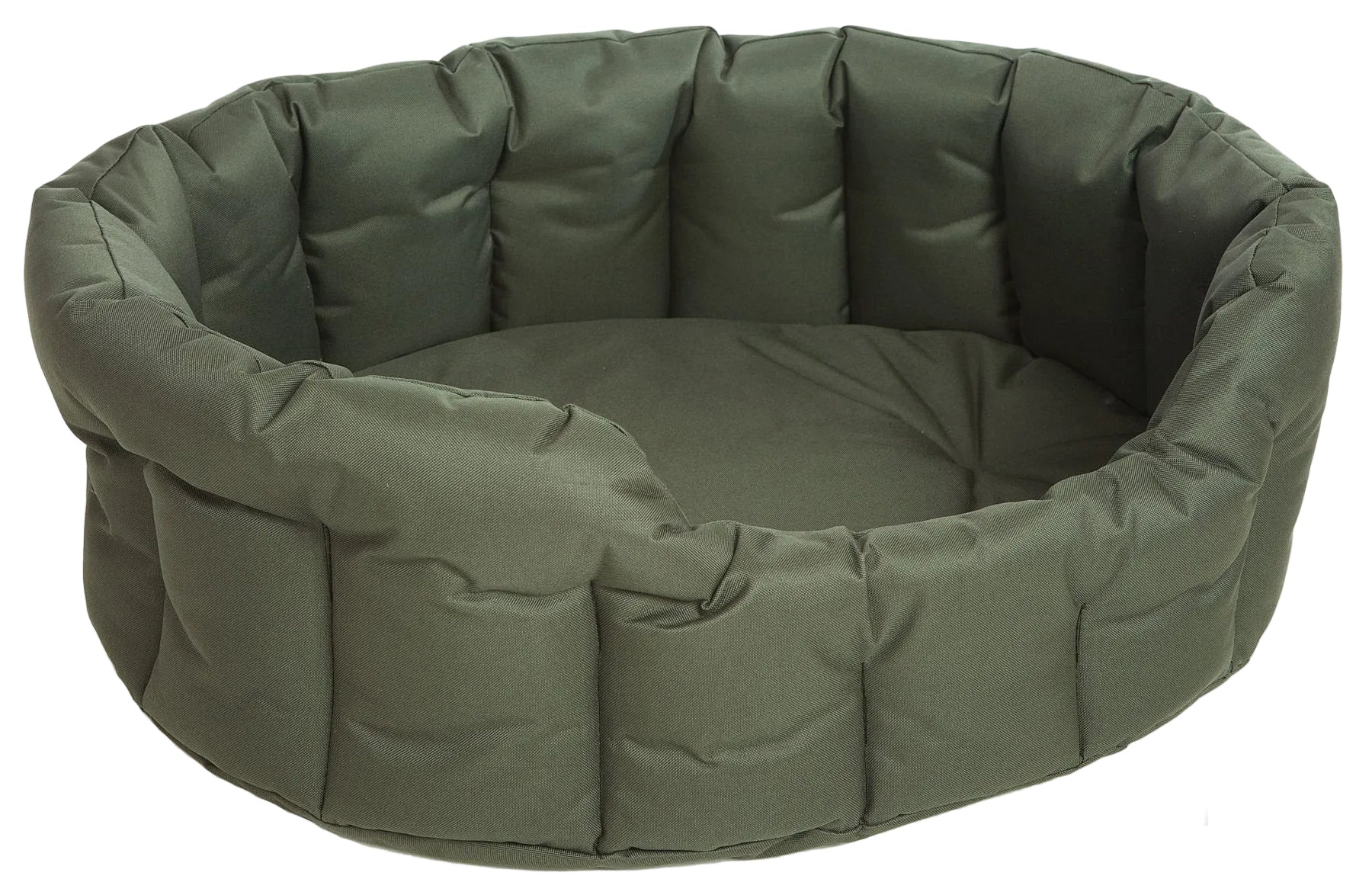 Oval high-sided waterproof dog bed in green, quilted padded sides with bolstered rim.