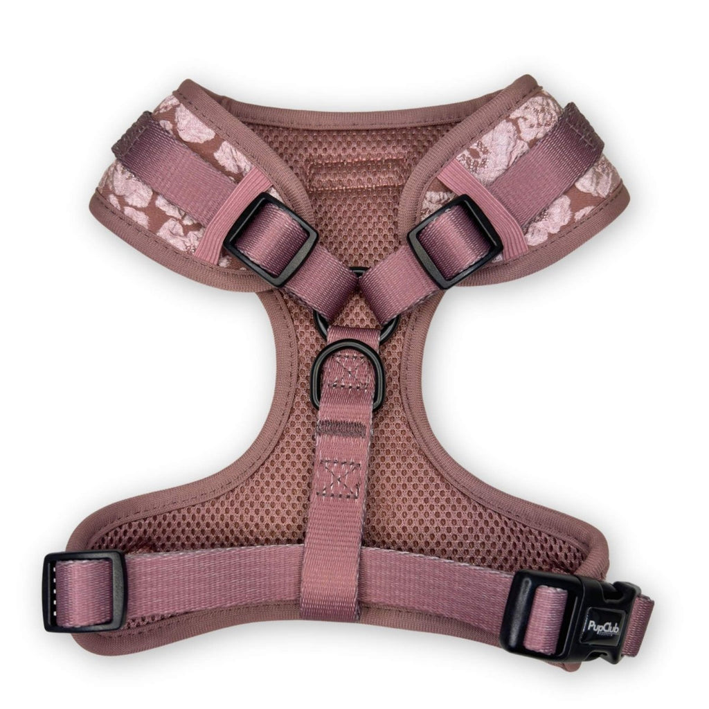 Dog harness front view, mauve floral fabric with two adjustable shoulder straps