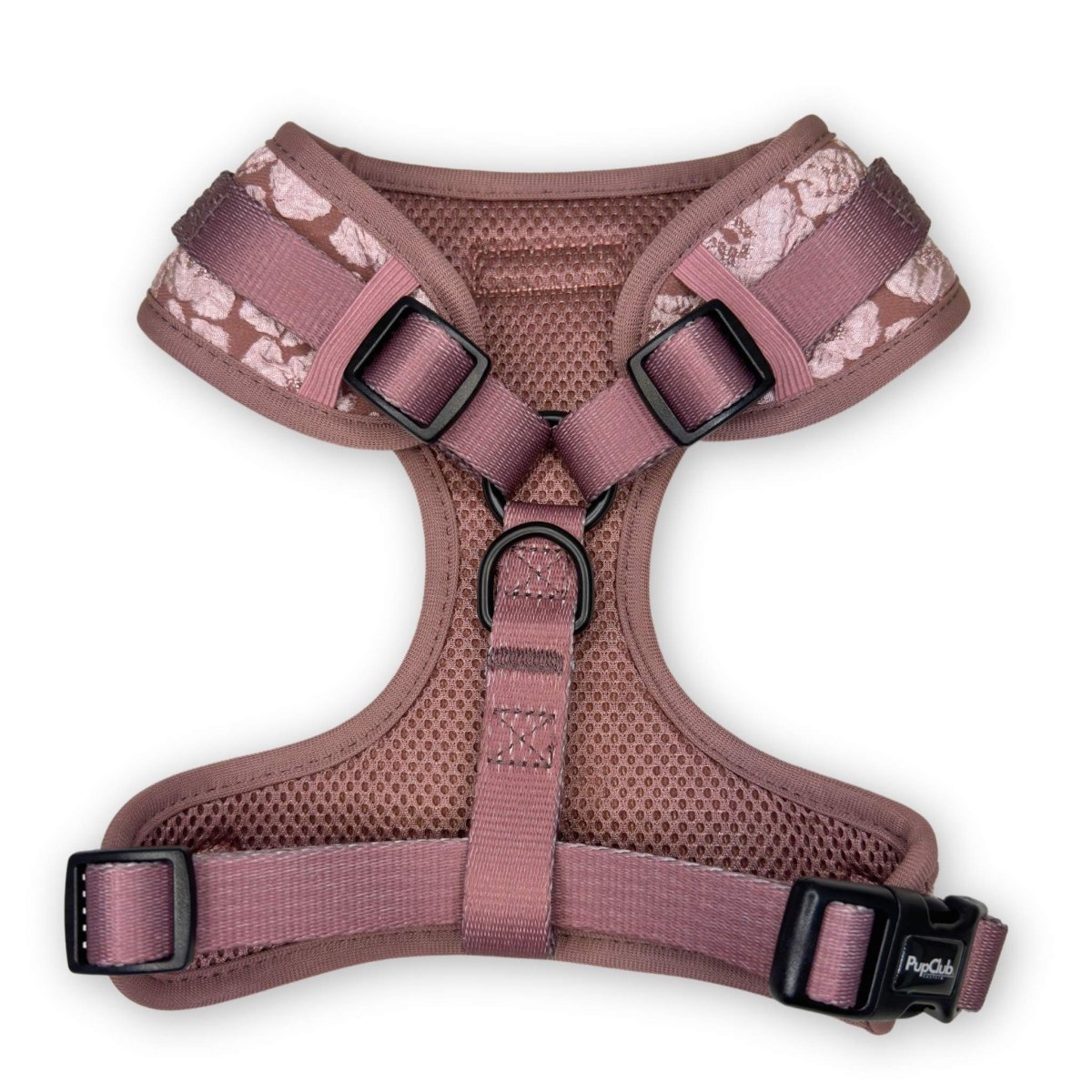 Dog harness front view, mauve floral fabric with two adjustable shoulder straps
